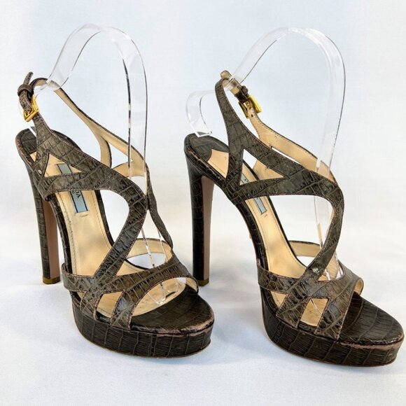 Prada Brown Embossed Leather Cut Out Platform Sandals $581 - Picture 1 of 12